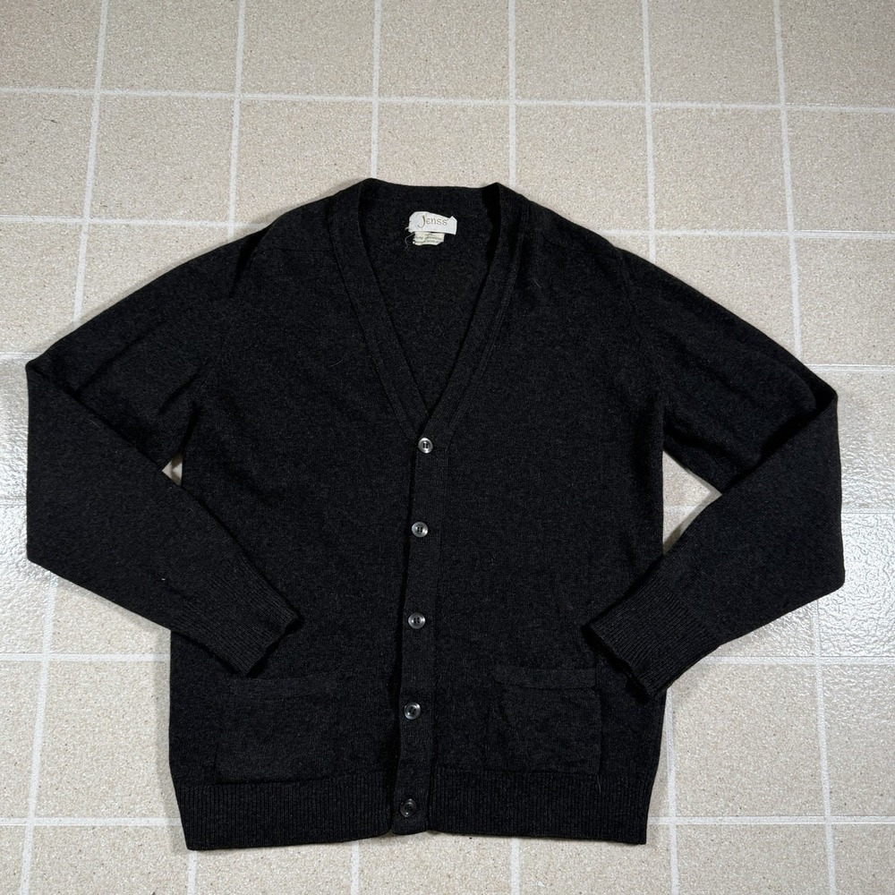 Vtg 60s Jenss Pure Cashmere Cardigan Sweater Charcoal Gray V-Neck Scotland Sz L